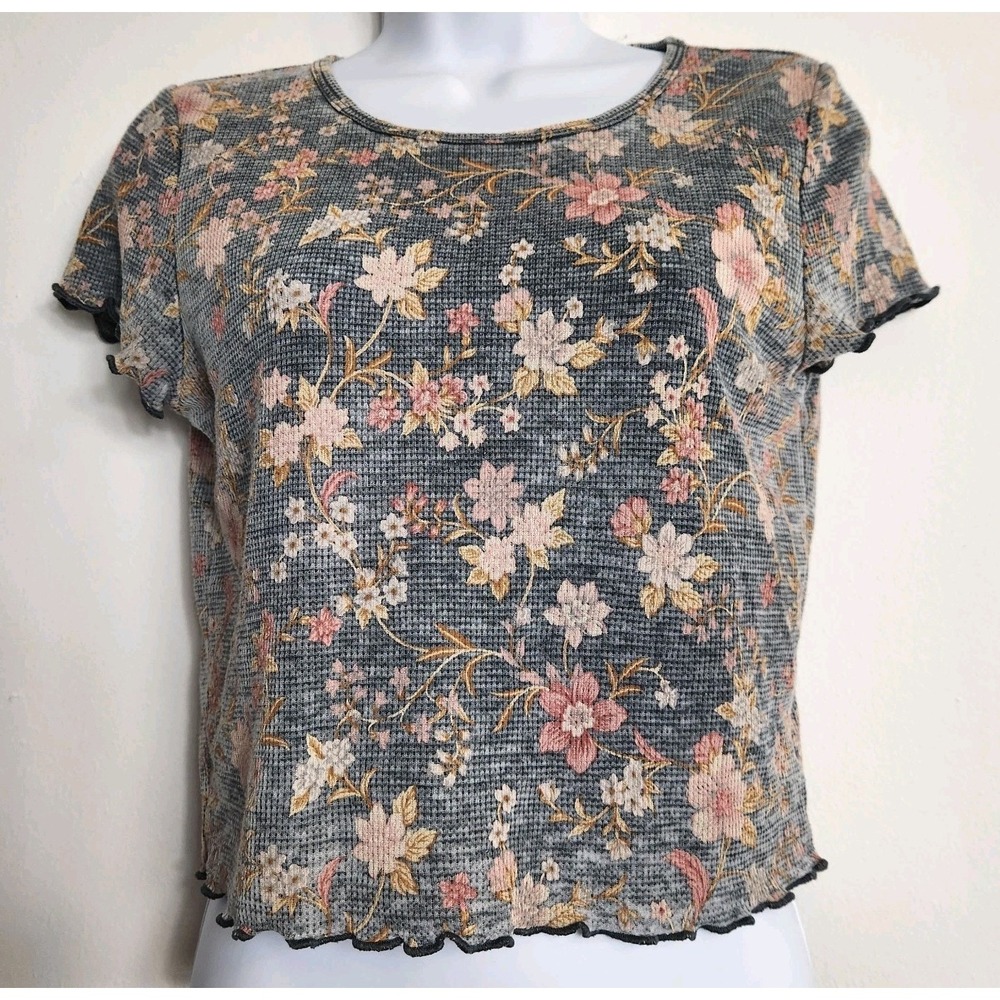 American Eagle Floral Waffle Knit Baby Tee Y2K Cottagecore Lettuce Hem Womens‎ M